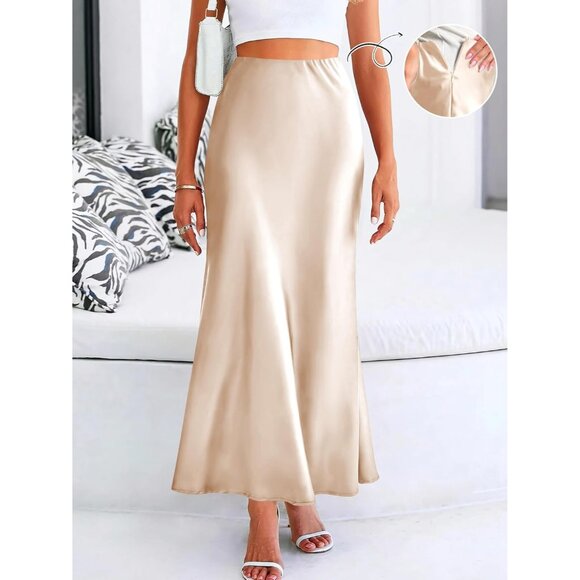 Elegant Satin Maxi Skirt for Women High Waisted Champagne Silk Dressy Casul - Picture 2 of 7